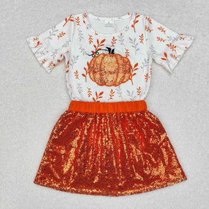 Orange Sequin Pumpkin Girls Skirts Sets