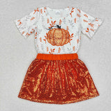 Orange Sequin Pumpkin Girls Skirts Sets