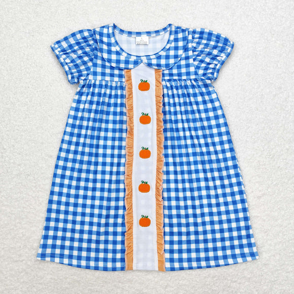 Pumpkin Plaid Blue Girls Short Sleeve Dress