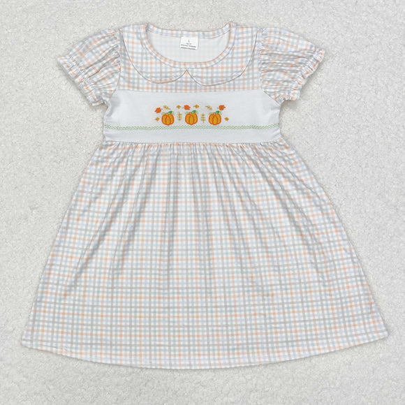 Pumpkin Leaves Plaid Girls Short Sleeve Dress