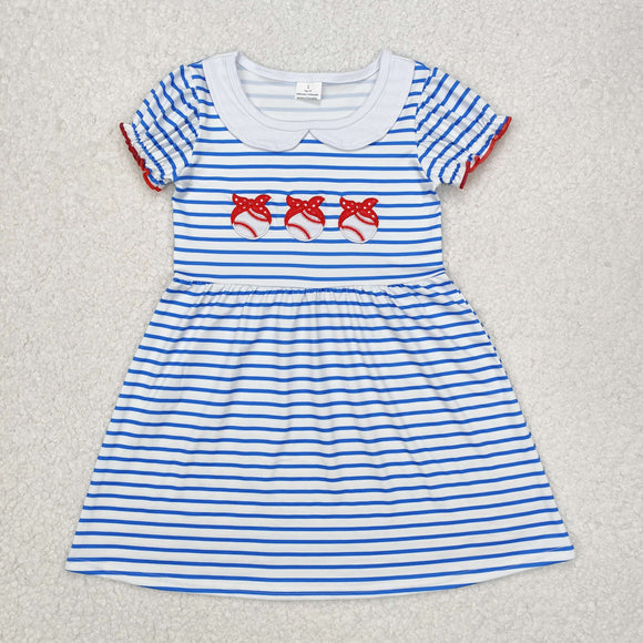 Bow Baseball Blue Stripe Girls Short Sleeve Dress