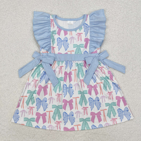 Bow Pattern Blue Ruffles Girls Flutter Sleeve Dress