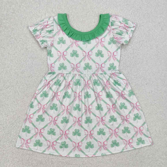 Clover Pink Bow Pattern Girls St. Patrick's Day Dress