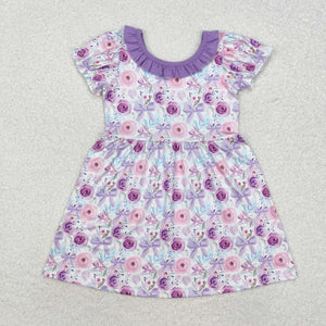 Floral Bow Pattern Purple Ruffles Girls Short Sleeve Dress