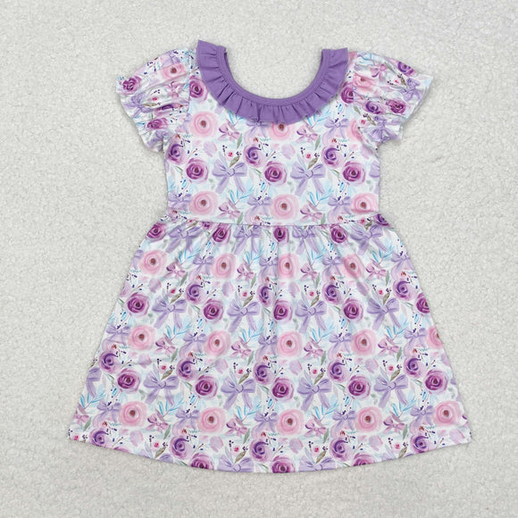 Floral Bow Pattern Purple Ruffles Girls Short Sleeve Dress