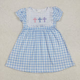 Cross Blue Plaid Girls Easter Dress