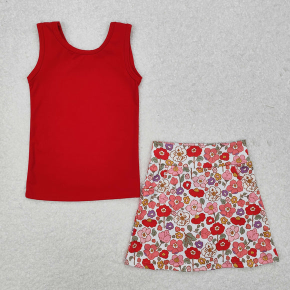 Solid Red Floral Athletic Shorts Girls Skirts Sets