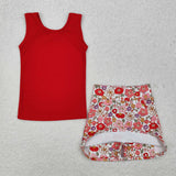 Solid Red Floral Athletic Shorts Girls Skirts Sets