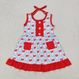 Flag Blue Bow Pattern Red Pockets Girls 4th of July Dress