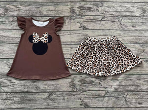 Pre-sale Cartoon Leopard Print Brown Shorts Girls Skirt Sets