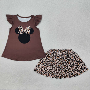 Cartoon Leopard Print Brown Shorts Girls Skirt Sets