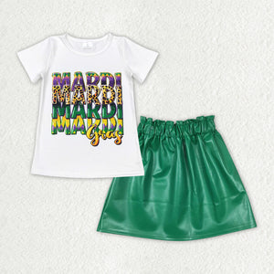 Letters Green Leather Skirt Girls Mardi Gras Dress