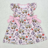 Bus Apple Floral Pink Bows Girls Back to School Dress