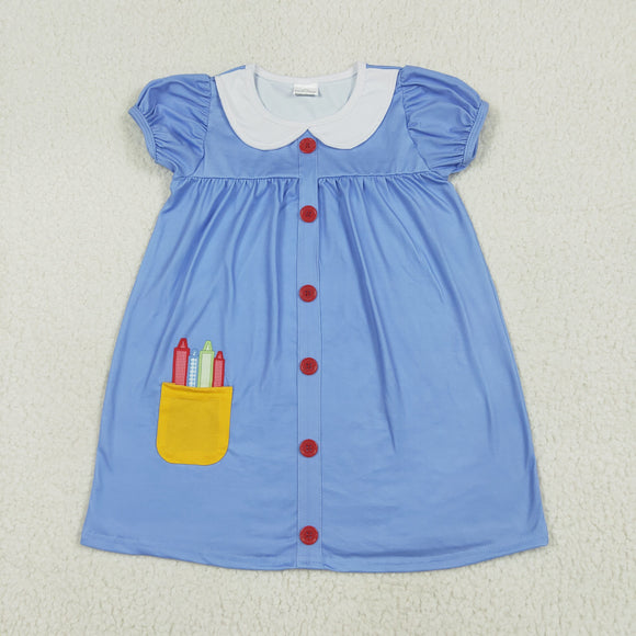 Pencil Yellow Pocket Blue Girls Back to School Dress
