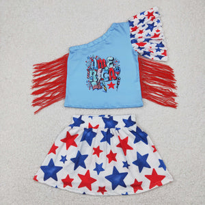 America Red Tassels Stars Shorts Skirt Girls 4th of July Outfits