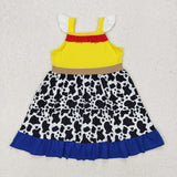 Cartoon Character Cow Print Solid Yellow Girls Sleeveless Dress