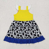 Cartoon Character Cow Print Solid Yellow Girls Sleeveless Dress