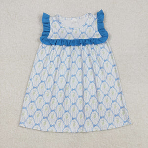 Floral Bow Pattern Blue Ruffles Girls Sleeveless Dress
