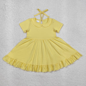 Solid Yellow Doll Collar Girls Short Sleeve Dress