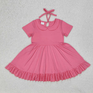 Solid Pink Doll Collar Girls Short Sleeve Dress