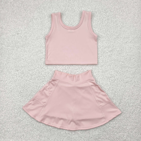 Solid Light Pink Vest Athletic Shorts Girls Skirt Sets