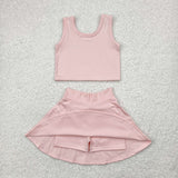 Solid Light Pink Vest Athletic Shorts Girls Skirt Sets