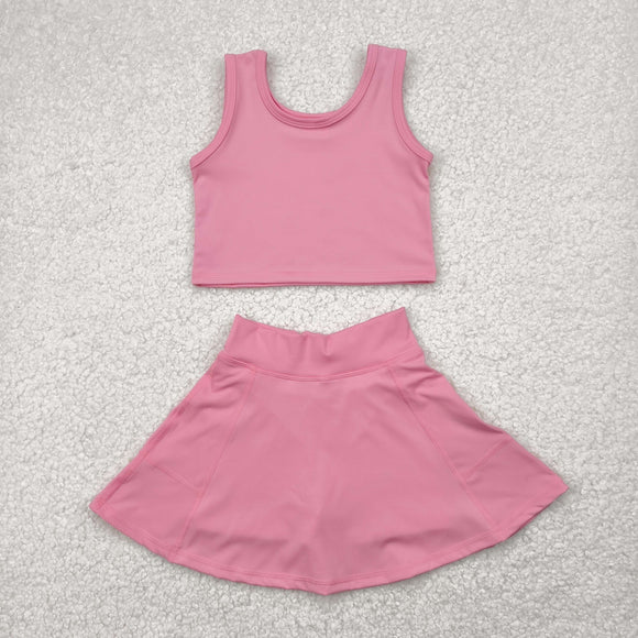 Solid Pink Vest Athletic Shorts Girls Skirt Sets