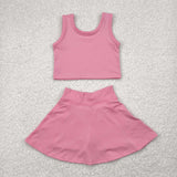 Solid Pink Vest Athletic Shorts Girls Skirt Sets