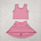 Solid Pink Vest Athletic Shorts Girls Skirt Sets