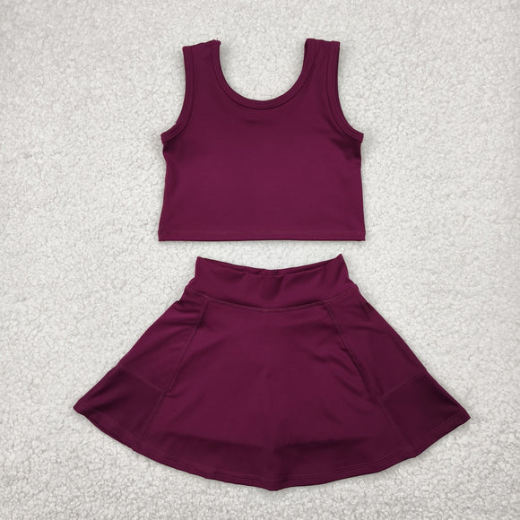 Solid Maroon Vest Athletic Shorts Girls Skirt Sets