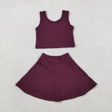 Solid Maroon Vest Athletic Shorts Girls Skirt Sets