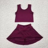 Solid Maroon Vest Athletic Shorts Girls Skirt Sets