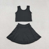 Solid Black Vest Athletic Shorts Girls Skirt Sets