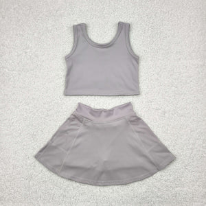 Solid Gray Vest Athletic Shorts Girls Skirt Sets