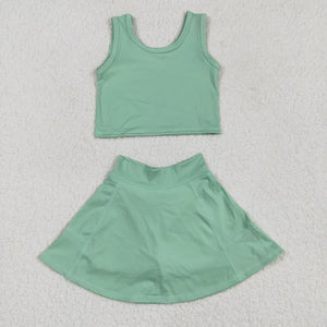 Solid Green Vest Athletic Shorts Girls Skirt Sets