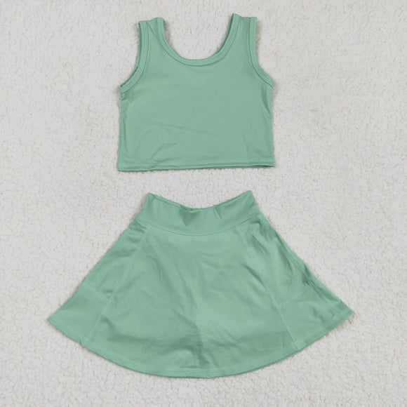 Solid Green Vest Athletic Shorts Girls Skirt Sets