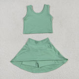 Solid Green Vest Athletic Shorts Girls Skirt Sets