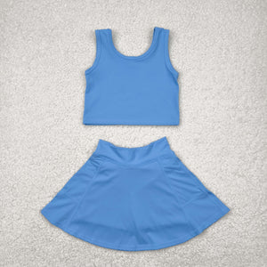 Solid Sky Blue Vest Athletic Shorts Girls Skirt Sets