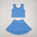 Solid Sky Blue Vest Athletic Shorts Girls Skirt Sets