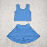 Solid Sky Blue Vest Athletic Shorts Girls Skirt Sets