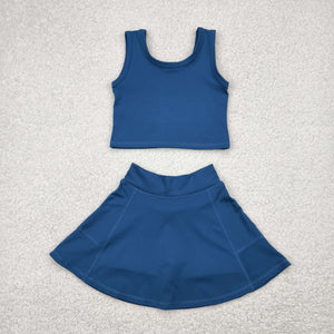 Solid Blue Vest Athletic Shorts Girls Skirt Sets