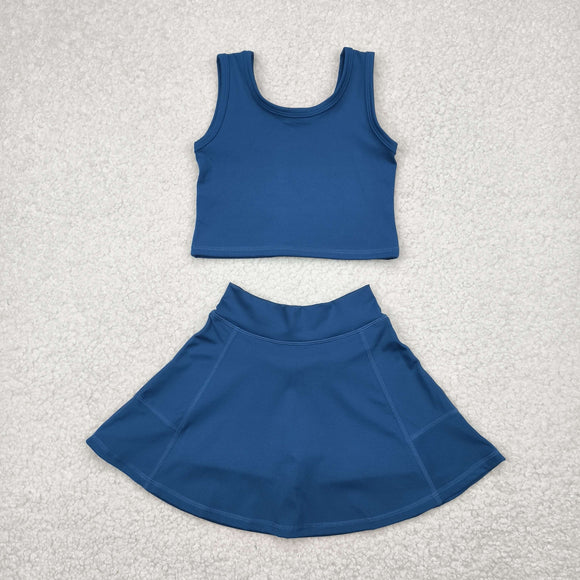 Solid Blue Vest Athletic Shorts Girls Skirt Sets