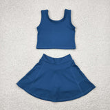 Solid Blue Vest Athletic Shorts Girls Skirt Sets