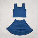 Solid Blue Vest Athletic Shorts Girls Skirt Sets