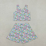 Blue Pink Floral Athletic Shorts Girls Skirts Sets
