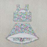 Blue Pink Floral Athletic Shorts Girls Skirts Sets