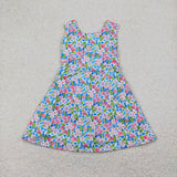 Pink Floral Blue White Athletic Shorts Girls Sleeveless Dress