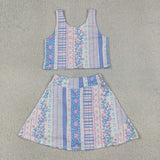 Pink Blue Floral Stripe Athletic Shorts Girls Skirt Sets