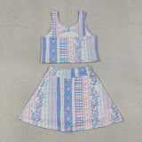 Pink Blue Floral Stripe Athletic Shorts Girls Skirt Sets