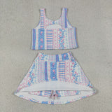 Pink Blue Floral Stripe Athletic Shorts Girls Skirt Sets